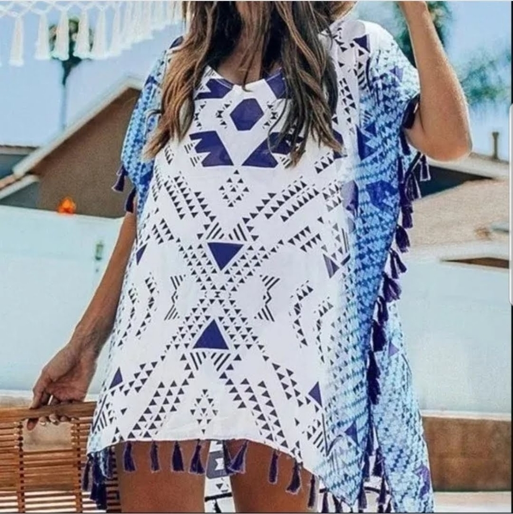 Womens CupShe Blue & White Triangle Geometric Print Tassels Sheer Swim Coverup